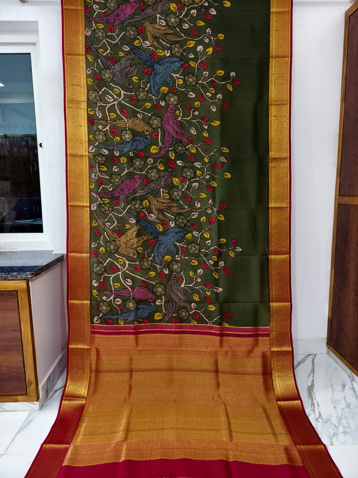 Image of Pen Kalamkari hand painted pure kanchipuram silk saree