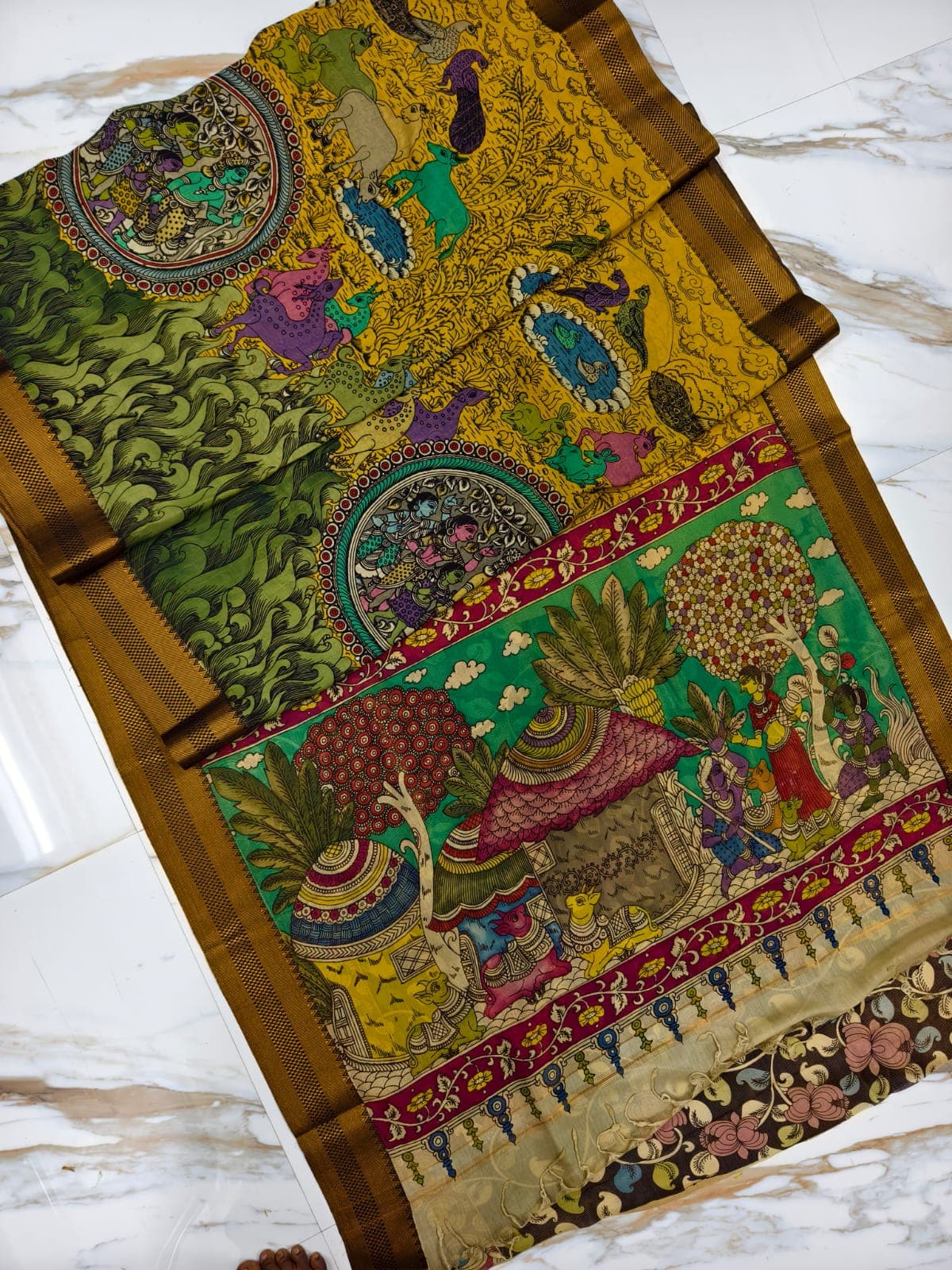 Image of Pen Kalamkari hand painted multi colour semi kanchipuram silk sarees